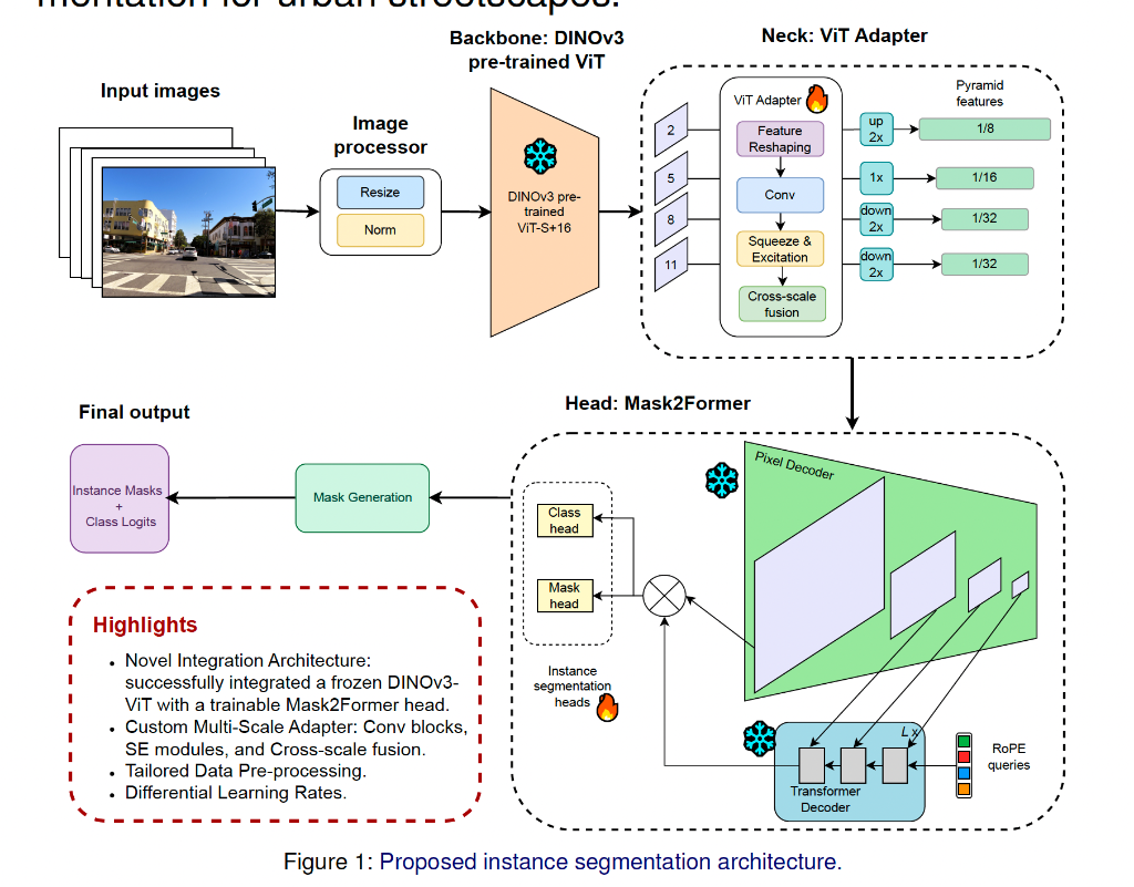 Figure 1: Proposed instance segmentation architecture – DINOv3 backbone, ViT Adapter neck, and Mask2Former head